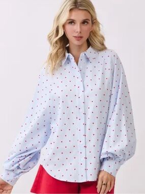 NWT Light Blue Striped Button-Down Shirt with Red Heart Print 2XL